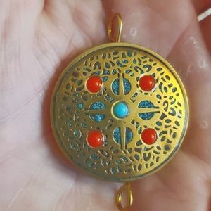 New Rare Earth Bronze Turquoise, Coral Round Talisman Pendant.